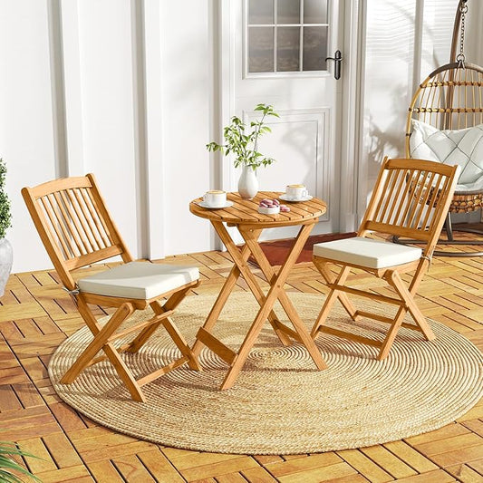 Tangkula 4 Pieces Folding Outdoor Dining Chairs, Acacia Wood Patio Chairs with Soft Cushions, Slatted Backrests and Seats, Outdoor Chairs for Porch, Balcony, Deck and Yard (4, Beige, One-Size)