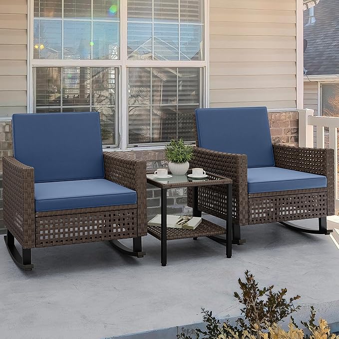 YITAHOME 3 Pieces Patio Wicker Rocking Chair Set, Outdoor Patio Furniture Set with Rattan Side Table, Thickened Cushions - Photo 3