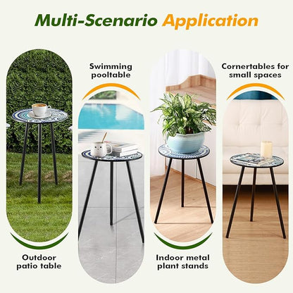 Party Zealot 2 Packs Metal Mosaic Round Side Tables 13.4" Small Outdoor Patio Round Accent Coffee Tables Indoor Corner Stand for Small Spaces Weather-Resistant for Balcony, Porch Plant Stands Indoor