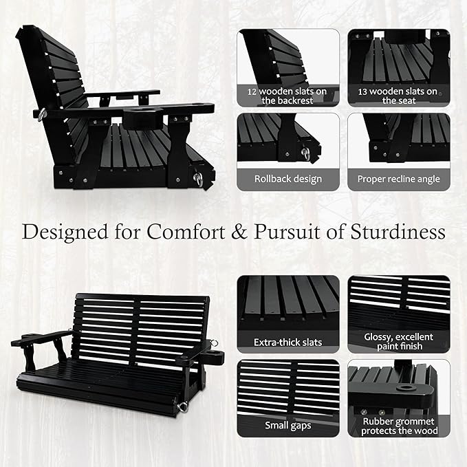 Wooden Porch Swing 2-Seater, High Backrest and Deep Seat, Bench Swing with Cupholders, Hanging Chains and 7mm Springs - Photo 5