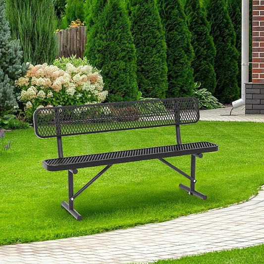 6 FT Heavy Duty Park Bench, Outdoor Metal Black Bench with Back-Commercial Steel Benches for Outside, 2-4 Person Seat-Garden Benches with Portable Frame for Outdoors