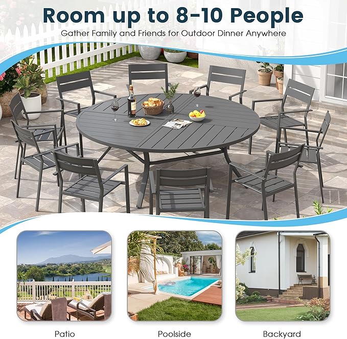 Patio Dining Table for 8-10, Round Metal Outdoor Table with Storage Shelf, 1.57" Umbrella Hole, 63" Outdoor Quartered Tabletop Dining Table for Backyard, Porch, Lawn, Dark Grey