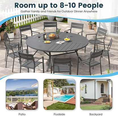Patio Dining Table for 8-10, Round Metal Outdoor Table with Storage Shelf, 1.57" Umbrella Hole, 63" Outdoor Quartered Tabletop Dining Table for Backyard, Porch, Lawn, Dark Grey