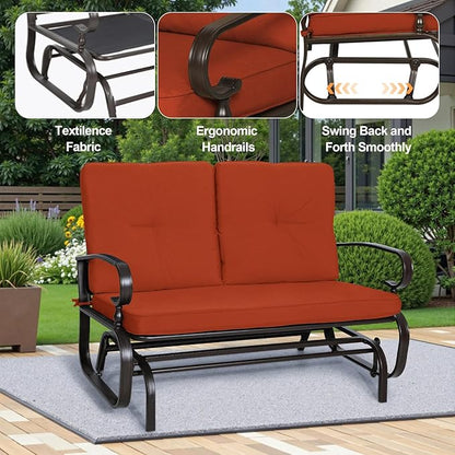 Incbruce Outdoor Glider Rocking Chair Patio Glider Bench for 2 Person, Porch Loveseat Seating Patio Steel Frame Chair Set with Cushion for Porch, Patio, Garden (Red)