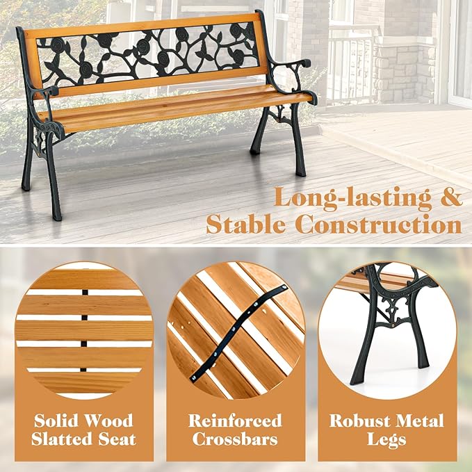 Giantex 49.5" 3-Person Outdoor Bench with Floral Pattern Backrest, Slatted Seat, 470 Lbs Weight Capacity, Curved Armrests, Cast Iron Metal Bench for Park, Outside, Patio, Porch, Yard, Garden