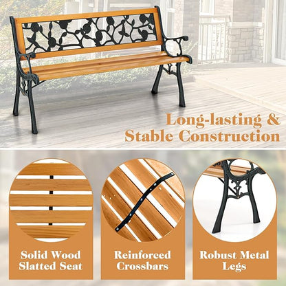 Giantex 49.5" 3-Person Outdoor Bench with Floral Pattern Backrest, Slatted Seat, 470 Lbs Weight Capacity, Curved Armrests, Cast Iron Metal Bench for Park, Outside, Patio, Porch, Yard, Garden