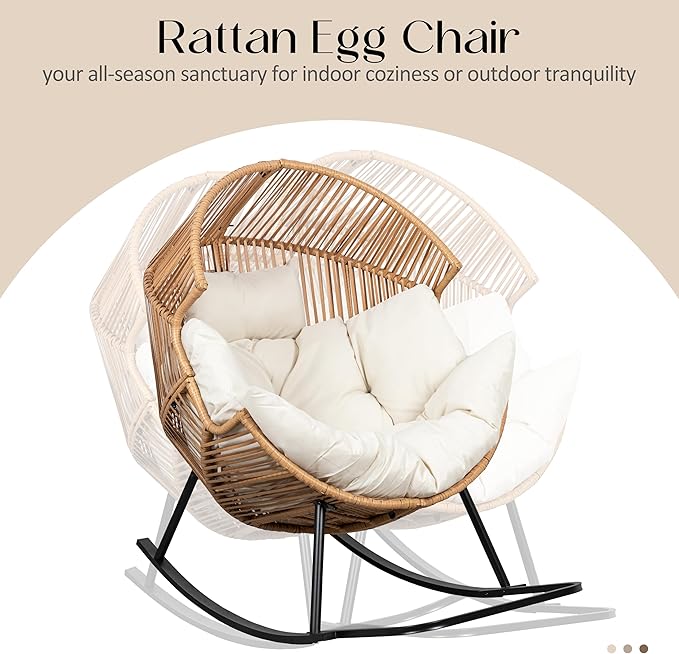 JAMFLY Wicker Egg Chair - Rattan Rocking Chairs with Cushion, Indoor-Outdoor Lounge Egg Basket Seat for Living Room - Photo 4