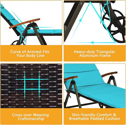 Tangkula Foldable Lounge Chair Outdoor, Wicker Chaise Lounge with Aluminum Frame, 7-Position Adjustable Reclining Pool Lounge Chairs with Wheels, Rattan Lounger with Cushion for Outside Patio Balcony