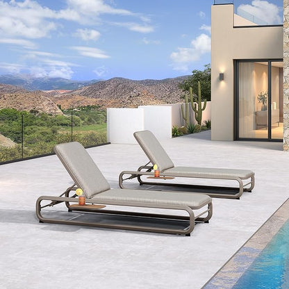 PURPLE LEAF Outdoor Chaise 3 Pieces Tanning Lounges for Patio Poolside Slide-Out Side Table with Cushion Adjustable Backrest Chairs Champagne