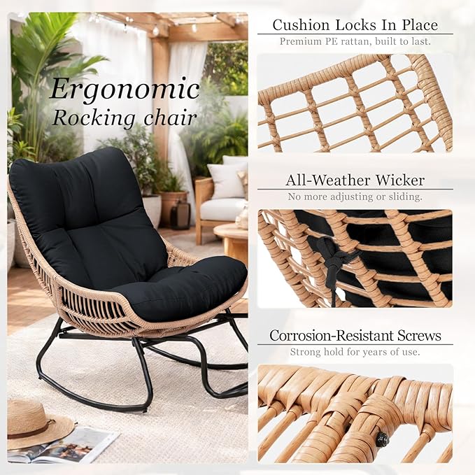 Outdoor Papasan Rocking Chair with Adjustable Footrest, Comfy Outdoor Lounge Chairs Heavy Duty Oversized Rocking Egg Chair Perfect for Patio Deck Garden and Indoor Use