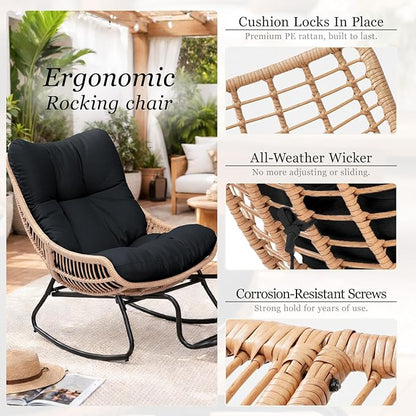 Outdoor Papasan Rocking Chair with Adjustable Footrest, Comfy Outdoor Lounge Chairs Heavy Duty Oversized Rocking Egg Chair Perfect for Patio Deck Garden and Indoor Use