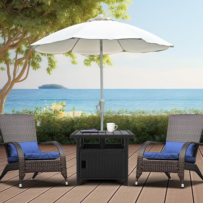 Outdoor Patio Umbrella Side Table with Umbrella Hole Small Wicker Coffee Table with Storage & 2 Weight Bags for Outside - Photo 5