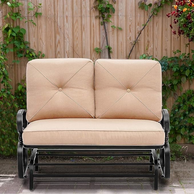 Patio Bench, Porch Glider Outdoor Swing Glider Rocking Loveseat, Steel Frame Chair with Thick Cushion (Brown)