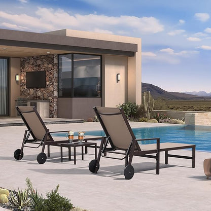 PURPLE LEAF Outdoor Chaise Lounge Chair Set of 2 with Armrests, Aluminum Patio Loungers with Wheels and Adjustable Backrest, Includes Side Table for Deck, Outside, Lawn, Garden, Taupe