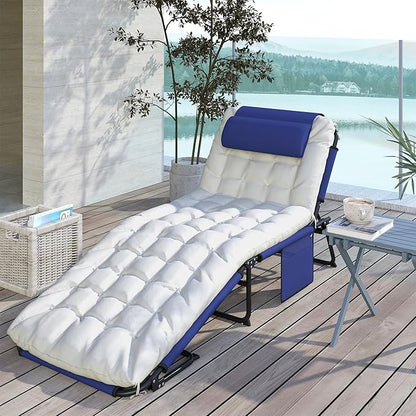 Outsunny Folding Chaise Lounge with 4-Level Reclining Back, Outdoor Tanning Chair with Cushion, Outdoor Lounge Chair with Breathable Mesh Fabric, Side Pocket, Headrest, Navy Blue