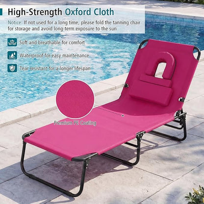 GYMAX Tanning Chair, Folding Lounge Chairs with Face Hole & Cover, Removable Pillow Carry Handle, Portable Compact Outdoor Layout Recliner for Beach, Poolside, Lawn, Patio, Camping (Pink,1)