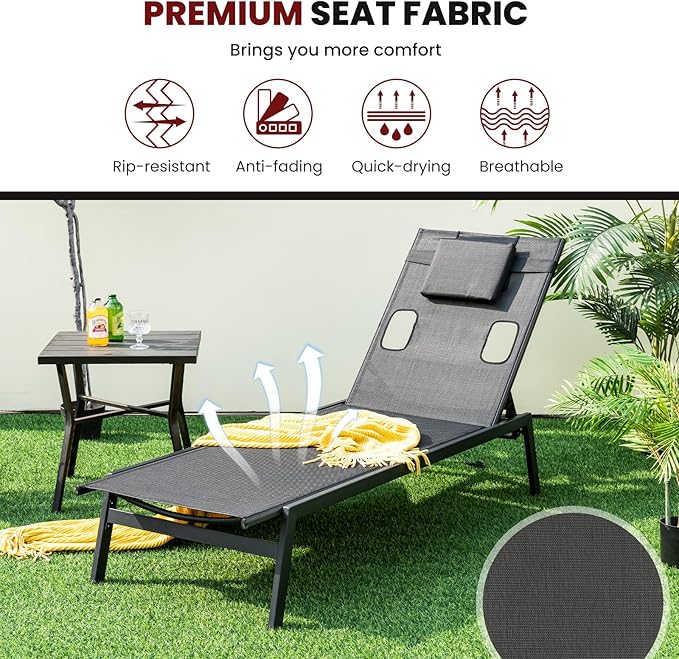 Giantex Patio Chaise Lounge Chair - Outdoor Lounge Chaise with Face Hole, Detachable Head Pillows, 5-Position Adjustable Tanning Chair for Poolside, Yard, Deck, Outside Sunbathing Chair (2, Black)