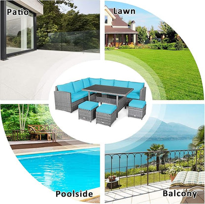 COSTWAY 7 PCS Wicker Outdoor Conversation Set, Patio Sectional Furniture Sofa Set with Table & Seat Cushions, Rattan Furniture Sets for Backyard Garden Poolside Porch, Turquoise