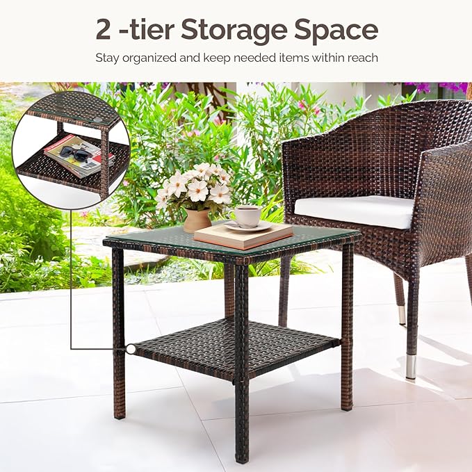 Outdoor Wicker Side Table,2-Layer Patio Rattan Garden Coffee End Square Table with Glass Top (Brown) - Photo 5