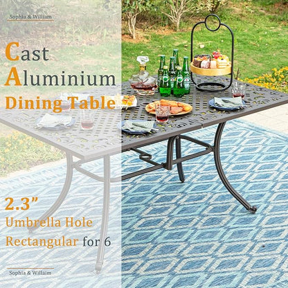 Sophia & William 7 Pieces Cast Aluminium Patio Dining Set for 6, Outdoor Swivel Rocking Chairs and Rectangular Table with 2.3" Umbrella Hole for Porch Backyard Deck, Bronze