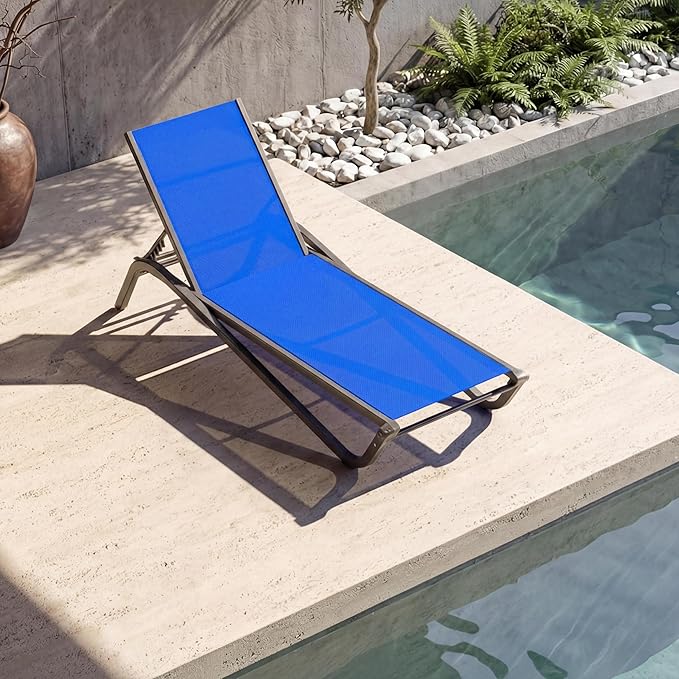 Lounge Chair Outdoor, Aluminum Chaise Lounge Outdoor, Lightweight Lounge Chairs for Outside with 5 Adjustable Backrest, Pool Lounger for Poolside, Beach, Balcony, Deck (Classic Blue)