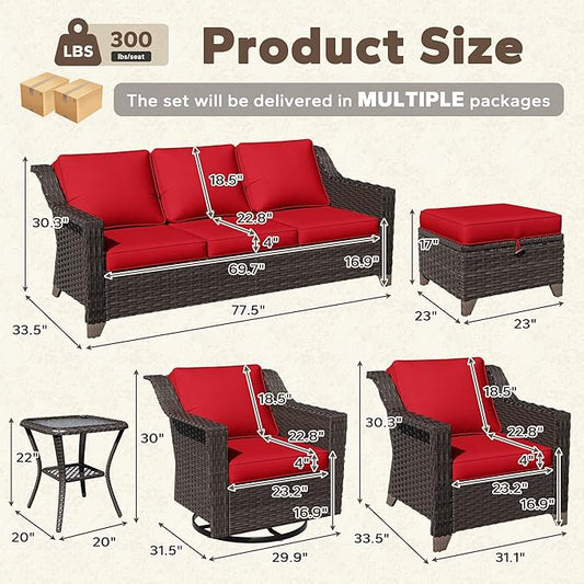 8 Pieces Patio Conversation Furniture Set - 1 Sofa, 2 Ottomans, 2 Armchairs, 2 Swivel Chairs, 1 Side Table, Outdoor Wicker Furniture with Removable Cushions for Porch, Sunroom (Red)