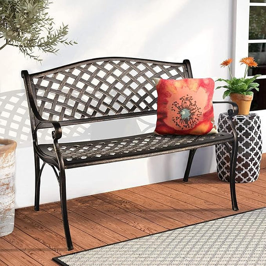 TITIMO 41” Outdoor Garden Bench with Armrests Sturdy Cast Aluminum Porch Loveseat Chair for All-Weather Patio Park Path Yard Lawn Work Entryway Decor Deck (Black)