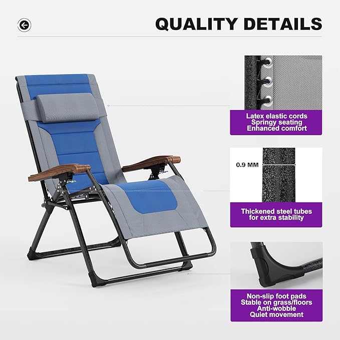 PURPLE LEAF Oversized Outdoor Reclining Chair Set of 2 Patio Zero Gravity Chaise Lounge Folding Chair with Quilted Cushion Adjustable Headrest for Lawn Camping Beach Pool Grey and Navy Blue