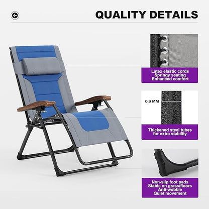 PURPLE LEAF Oversized Outdoor Reclining Chair Set of 2 Patio Zero Gravity Chaise Lounge Folding Chair with Quilted Cushion Adjustable Headrest for Lawn Camping Beach Pool Grey and Navy Blue