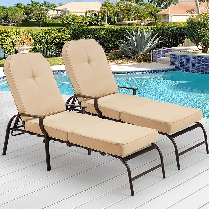 U-MAX Adjustable Outdoor Chaise Lounge Chair Patio Lounge Chair Recliner Furniture with Armrest and Cushion for Deck, Poolside, Backyard (Beige, 2PCS)