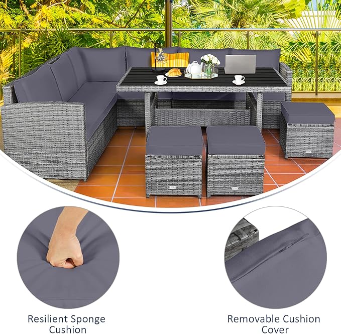 COSTWAY 7 PCS Wicker Outdoor Conversation Set, Patio Sectional Furniture Sofa Set with Table & Seat Cushions, Rattan Furniture Sets for Backyard Garden Poolside Porch, Grey