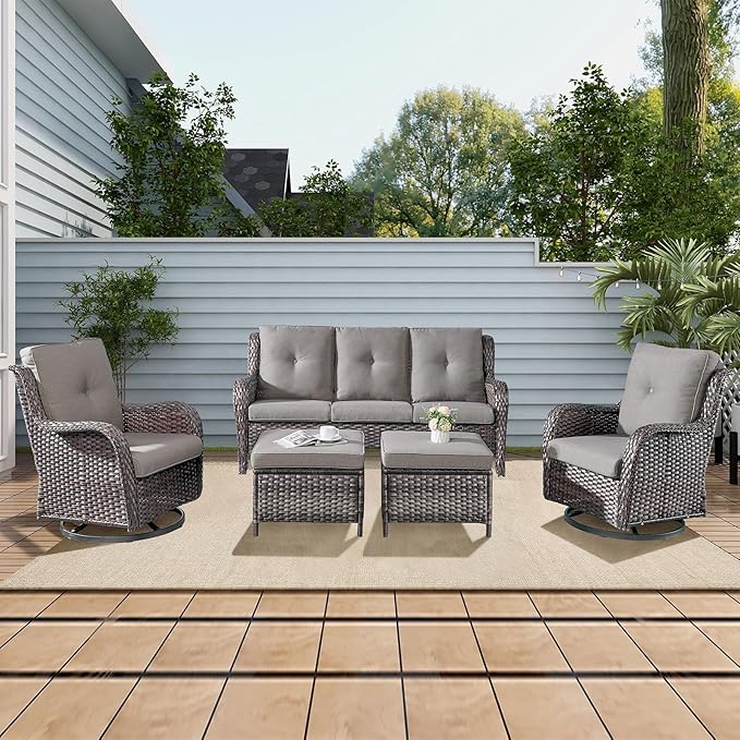 Rilyson Wicker Patio Furniture Set - 5 PC Rattan Outdoor Sectional Conversation Sets with 2 Rocking Swivel Chairs - Photo 6