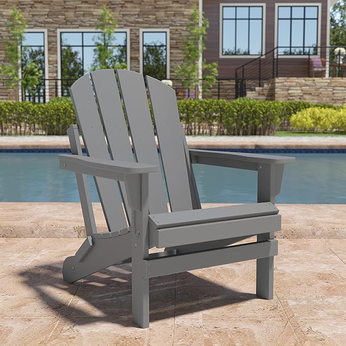 Folding Adirondack Chair, Patio Chair, Patio Adirondack Chair Weather Resistant, Outdoor Adirondack Chair, HDPE All-Weather Adirondack Chair for Fire Pit, Pool, Balcony, Backyard, Grey