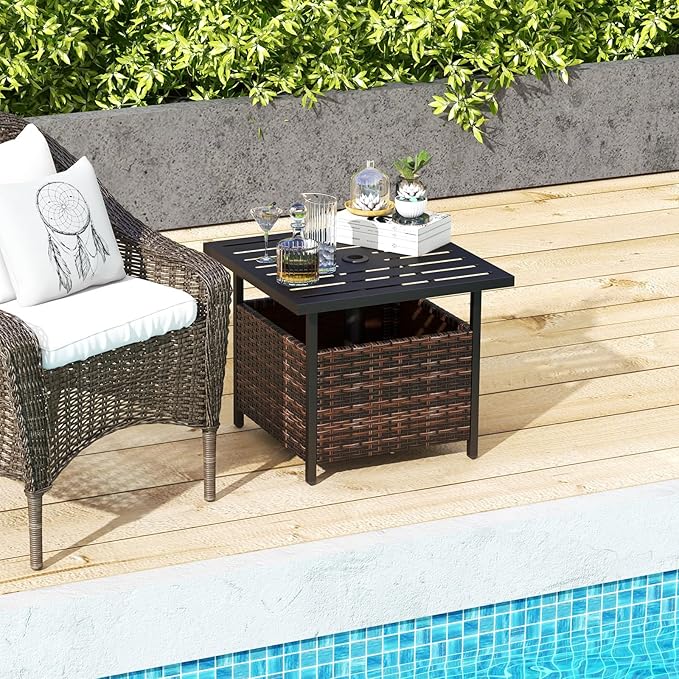 Giantex Outdoor Side Table with Umbrella Hole, 22" Wicker Umbrella Stand Holder and Base - Photo 2
