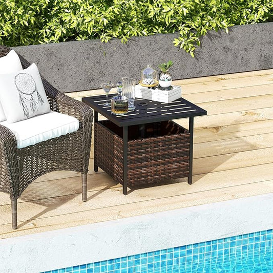 Giantex Outdoor Side Table with Umbrella Hole, 22" Wicker Umbrella Stand Holder and Base, Weather-Resistant PE Rattan Patio End Table for Deck Garden Poolside (Metal Tabletop, Brown)
