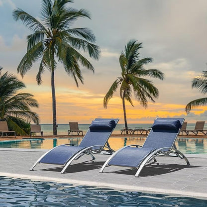 Domi Pool Lounge Chairs Set of 2, Adjustable Aluminum Outdoor Chaise Lounge Chairs, All Weather for Deck Lawn Poolside Backyard -Blue Textilene