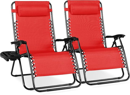 Best Choice Products Set of 2 Extra Wide Adjustable Steel Mesh Zero Gravity Lounge Chair Recliners w/Pillows and Cup Holder Trays - Crimson Red