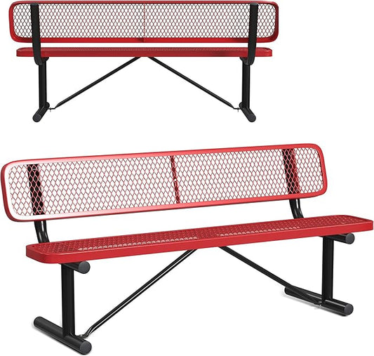 Leisure Craft Metal Outdoor Bench with Back - 6 Foot Heavy Duty Bench Seating for Garden, Porch, Picnic, Park, Expanded Metal, Thermoplastic Coating, Commercial Grade Furniture Made in USA - Red