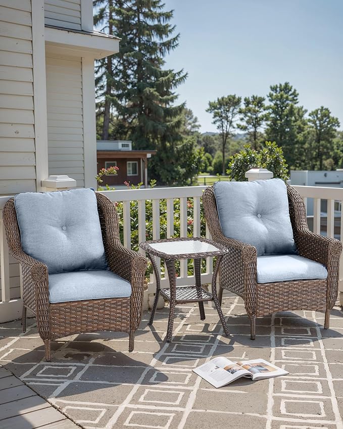 3 Piece Patio Brown Wicker Chairs with Side Table - Outdoor High Back Heavy Duty All-Weather Lawn Dining Rattan Chair - Photo 2