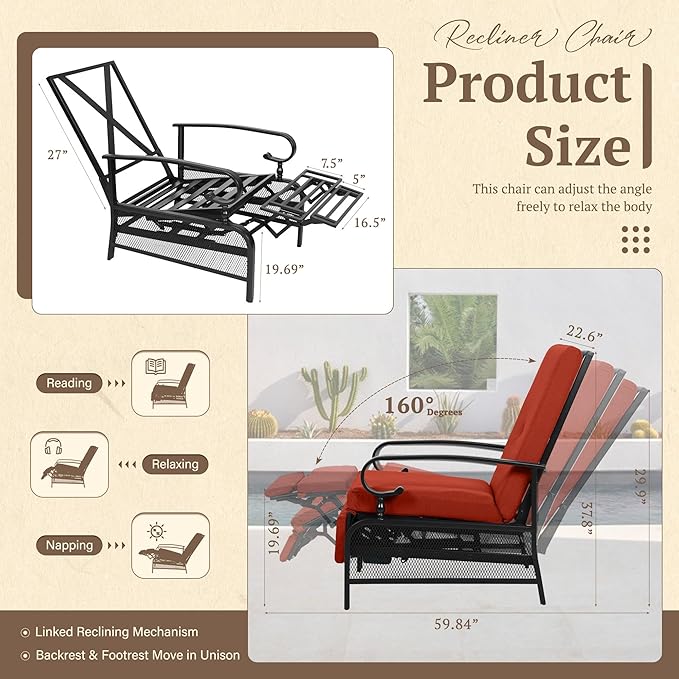 Oakcloud Adjustable Outdoor Lounge Chair Metal Patio Relaxing Recliner Chair Set with Bistro Table and Removable - Photo 3