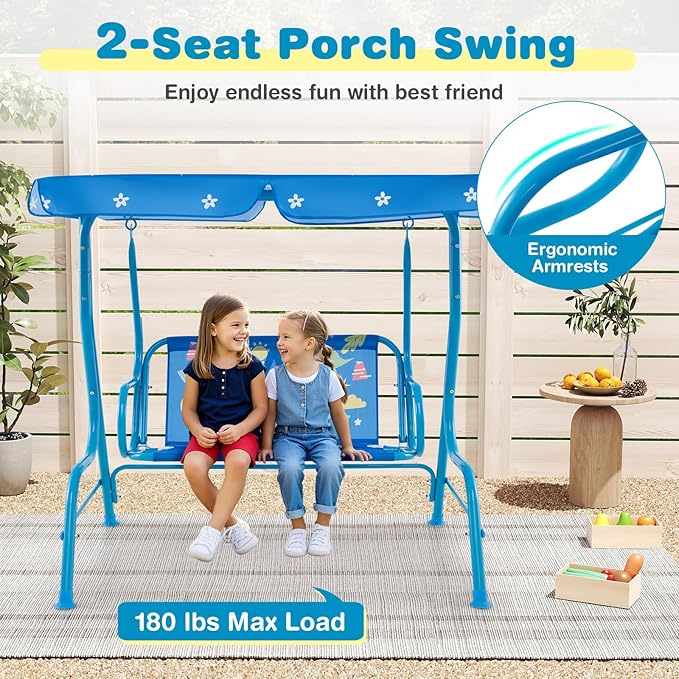 Costzon Kids Porch Swing, All-Weather Patio Swing Bench Hammock w/Adjustable Canopy & Safety Belts for 2 Children - Photo 3