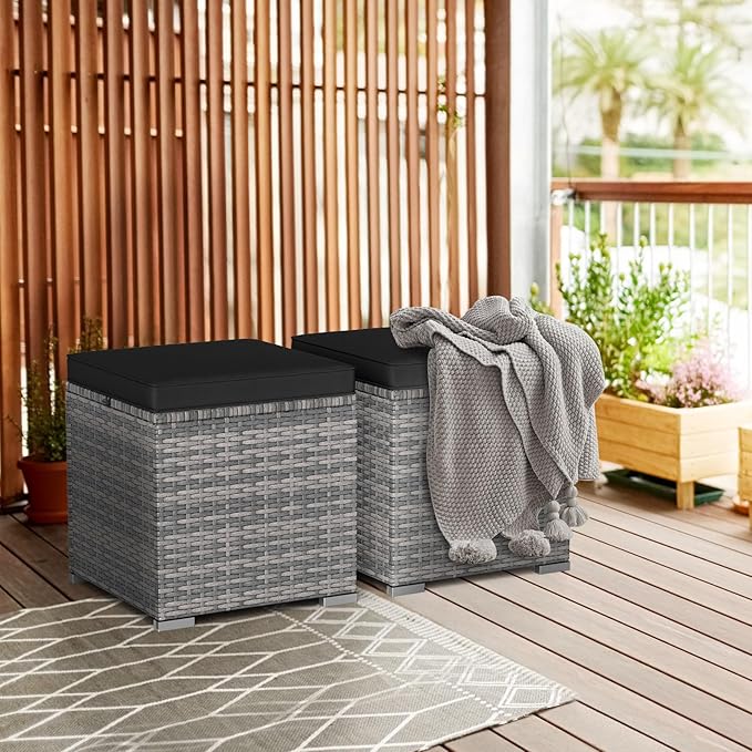 RELAX4LIFE Wicker Outdoor Storage Ottoman - 2-Piece Rattan Footstool w/Removable Cushion - Photo 2