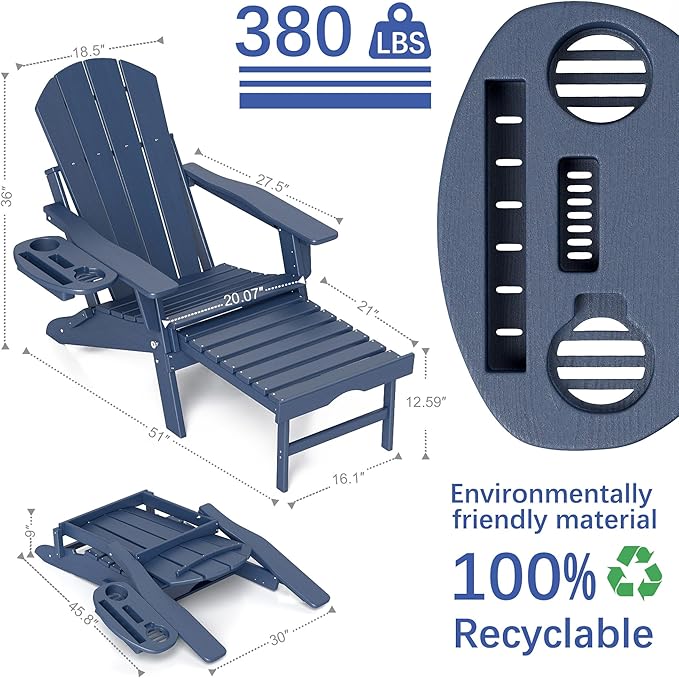 FOOWIN Adirondack Chair with Retractable Ottoman,HDPE Folding Adjustable Adirondack Chair w/4 in 1 Cup Holder Trays,All-Weather Resistant Fire Pit Chair for Outdoor Patio Lawn Set of 6