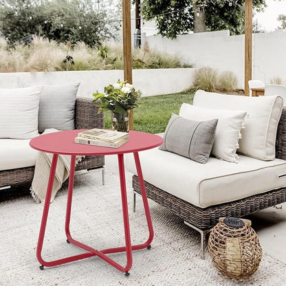 Patio Small Side Table Waterproof Round Metal Steel Weather Resistant Portable Outdoor and Indoor End Table for Garden Balcony Yard, Red