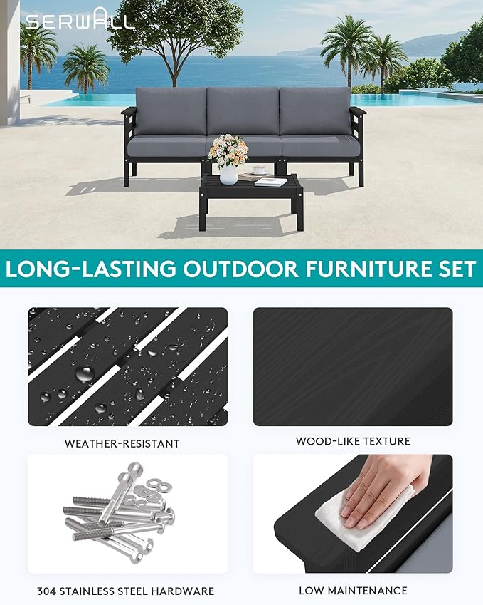 SERWALL HDPE Patio Furniture Set, 4 Pieces Outdoor Sectional Sofa Set - Photo 3