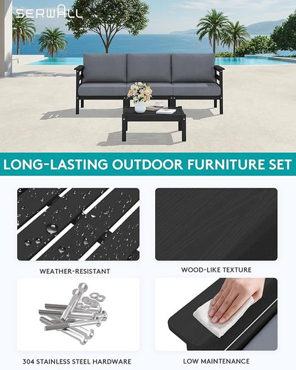 SERWALL HDPE Patio Furniture Set, 4 Pieces Outdoor Sectional Sofa Set, All-Weather Wood-Like Outdoor Sofa Couch with Coffee Table for Deck, Lawn, Black Frame with Grey Cushion