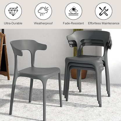 VECELO 4 Pack Plastic Stacking Chairs, Stackable Dining Chairs for Kitchen Restaurant Patio, Portable Indoor Outdoor Use, No Assembly Required, Gray
