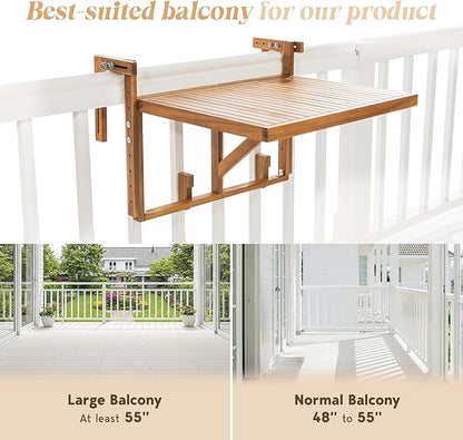 Idzo FSC Acacia Wood Folding Balcony Bar Table for Railings, Adjustable Height & Width, Teak Brush Finish Durable Against Weather, Ideal Spacious Dimension of 27 9/16 x 21 5/8 Inch, Rectangular Design