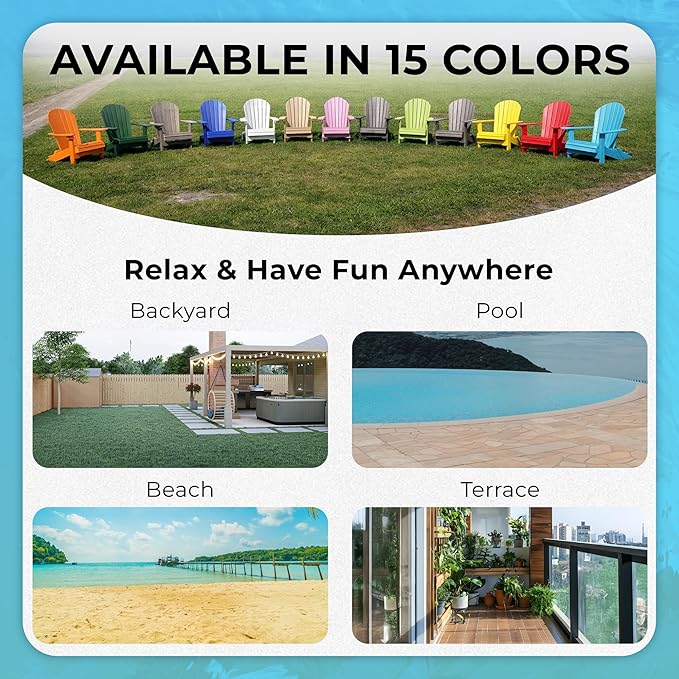 Ecommersify Folding Adirondack Chair with Cup Holder - (Blue) - Heavy Duty Recycled Poly Lumber Folding Chair - Amish Crafted Outdoor Furniture - Made in USA