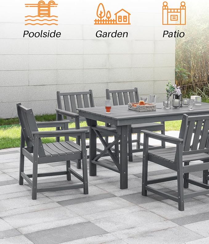 7 Pieces HDPE Outdoor Dining Set, Patio Dining Set with Umbrella Hole, All Weather Outdoor Dining Table Sets for 6 - Photo 6
